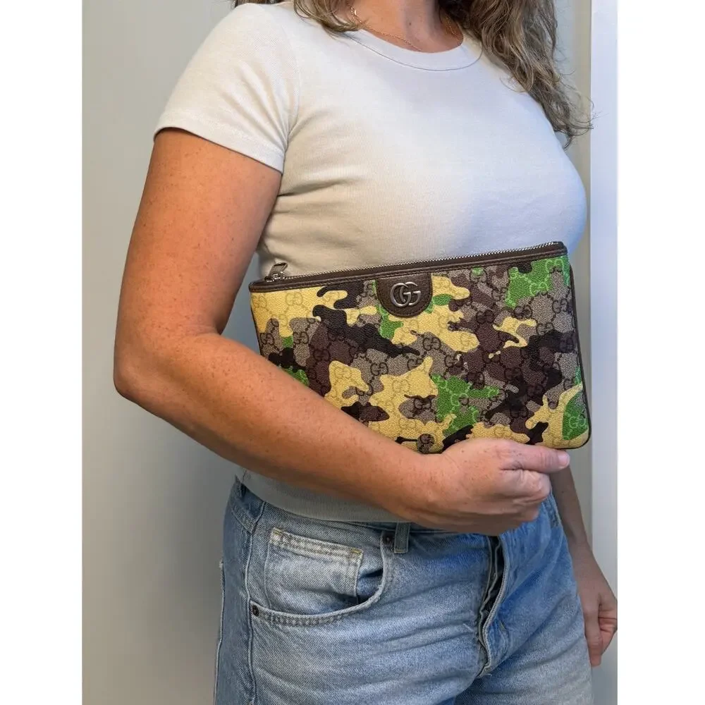 Gucci GG Monogram Camouflage Pouch Green Yellow Brown Double G Clutch NIB